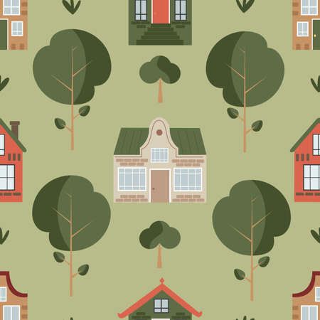 Vector seamless pattern with chalet and cottage houses with trees and bushesのイラスト素材