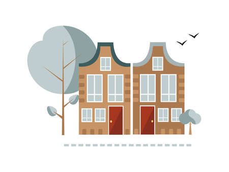 Two cute neighbor's houses in European architecture style, street view. Isolated flat vector illustrationのイラスト素材