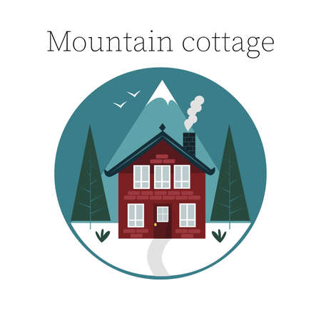 Circle icon of cottage house in the mountains in north Scandinavian style, flat style vector illustrationのイラスト素材
