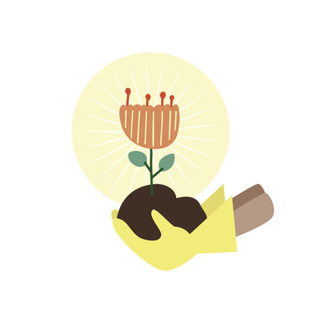 Hands in yellow garden gloves holding soil with flower, flat vector illustrationのイラスト素材