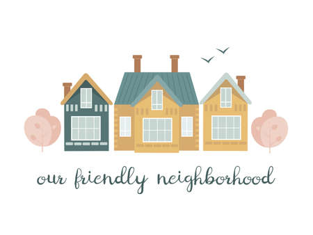 Cute vector houses in flat style with bushes and birds and text - our friendly neighborhood, illustration templateのイラスト素材