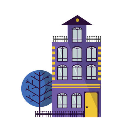 Cute city building with fence and tree in flat style, isolated vector illustrationのイラスト素材