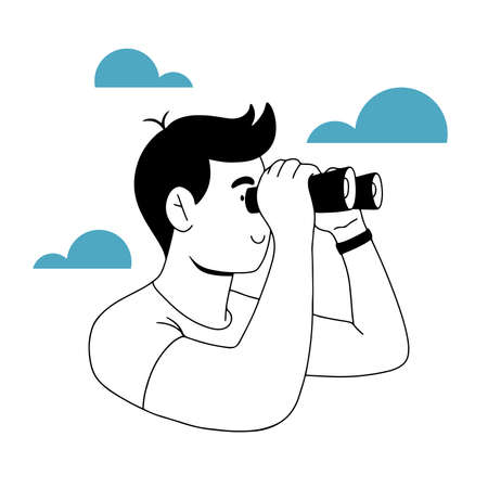 Young man looking on to something through  binoculars, outlined isolated vector illustrationのイラスト素材