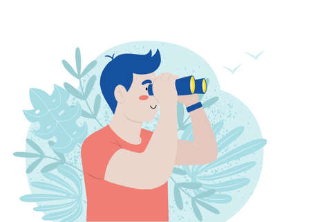 Young man looking on birds, exploring outdoors through binoculars isolated vector illustrationのイラスト素材