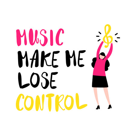 Poster with text Music make me lose control and woman holding high in her hands musical clef vector illustrationのイラスト素材