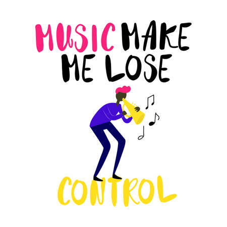 Poster with text Music make me lose control and man playing on trumpet vector illustrationのイラスト素材