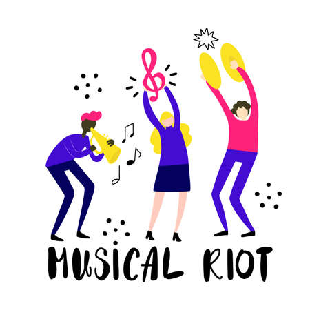 People dancing and playing on musical instruments, having fun. Lettering text Musical riot. Cartoon style vector illustrationのイラスト素材