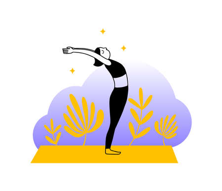 Line art woman practicing yoga, doing standing asana on a mat, decorated with plants, cloud vitality concept.のイラスト素材