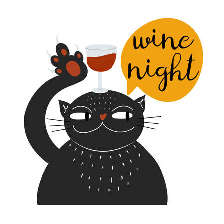 Funny doodle black cat with wine glass on the head and speech bubble with text Wine night , flat style vector illustrationのイラスト素材