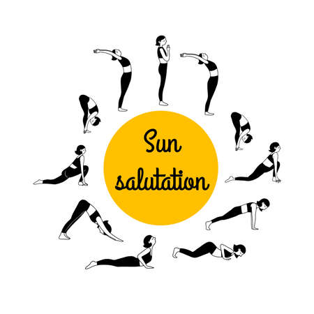 Sun salutation morning yoga practice vector illustration in doodle style, woman doing asanas.のイラスト素材