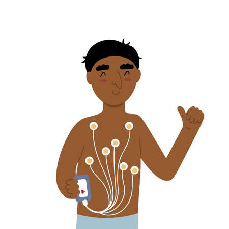 Man with Holter heart monitor device attached  on body, showing thumbs up, flat doodle vector illustrationのイラスト素材