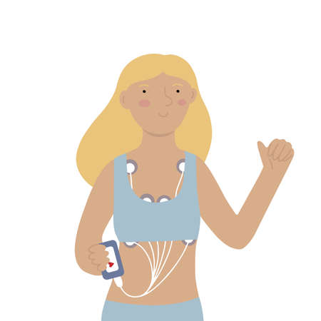 Woman with Holter heart monitor device attached on body, showing thumbs up, flat doodle vector illustrationのイラスト素材