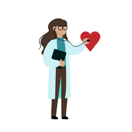 Female doctor with stethoscope listening to heart beat, conceptual heart monitoring vector illustrationのイラスト素材