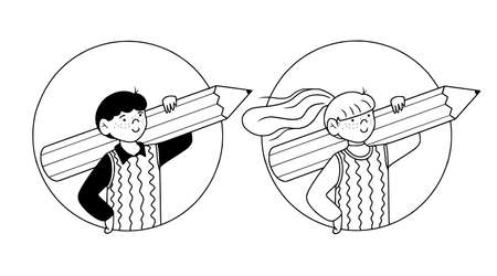 Two cute kids, boy and girl holding a pencil, concept of ready to study, to do test assignments. Contour line art illustrationのイラスト素材