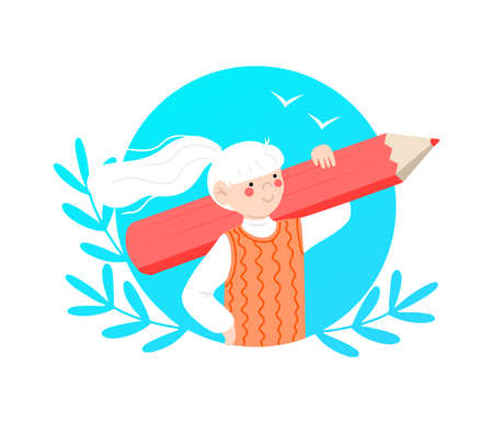 Cute girl holding big red crayon or pencil, conceptual vector illustration of ready to study, to do test assignments, to learn.のイラスト素材
