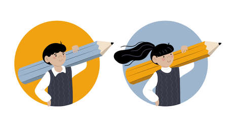 Two cute kids, boy and girl holding a pencil, concept of ready to study, to do test assignments. Isolated vector illustrationのイラスト素材