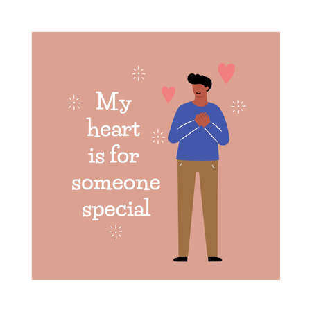 Card with handsome guy holding his hands at the heart, with text - My heart is for someone special. Vector illustration in hand drawn doodle styleのイラスト素材