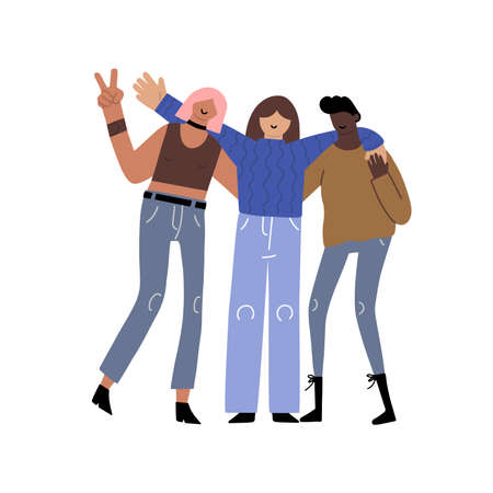 Three friends hugging, posing for photo or greeting, celebrating, hand drawn isolated vector...