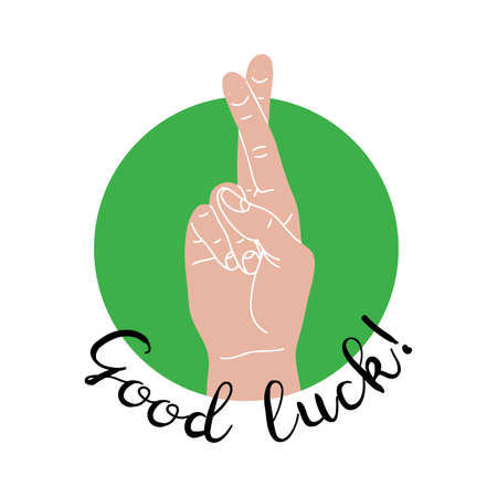 Fingers crossed with smiley faces on a green circle background with hand drawn lettering text - Good luck! - isolated vector illustrationのイラスト素材