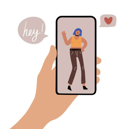 Hand holding a smartphone with cute girl on video call and heart message, isolated vector illustrationのイラスト素材