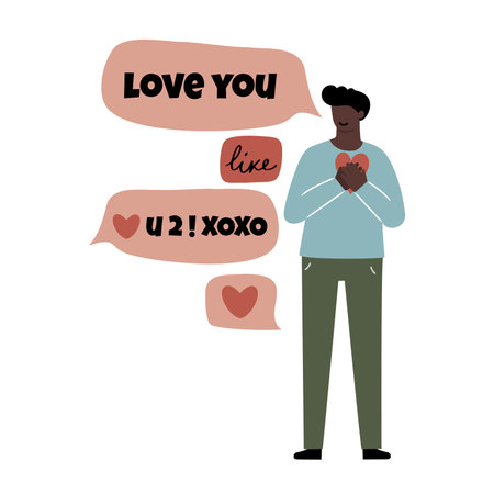 Cute black guy is on the phone, chatting with someone using teen slang language, love messaging with hearts, isolated hand drawn vector illustrationのイラスト素材