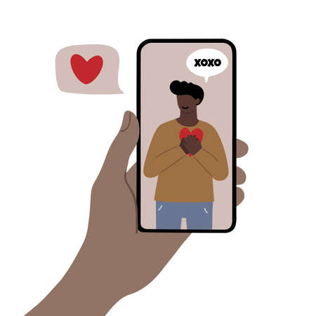 Hand holding a smartphone with cute love message and video call from a loved one, isolated vector illustrationのイラスト素材