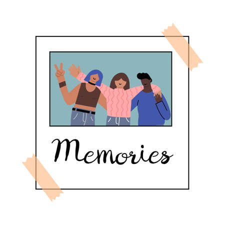 Ilustración de Instant photograph and sticky tape on it, with friends in hand drawn doodle style, text - Memories on it. Isolated vector illustration - Imagen libre de derechos