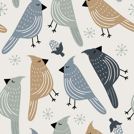 Hand drawn vector seamless pattern with different birds in Scandinavian styleのイラスト素材