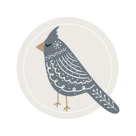 Hand drawn folk motif bird with topknot on head, circle icon Scandinavian style isolated vector clipartのイラスト素材