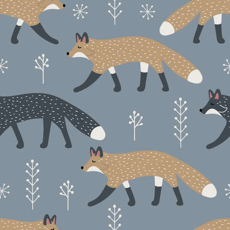 Hand drawn vector seamless pattern with gray and ginger foxes in the woods in Scandinavian style...