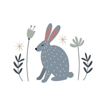 Gray hare, sitting calmly in flowers and grass, Scandinavian style isolated hand drawn vector clipartのイラスト素材