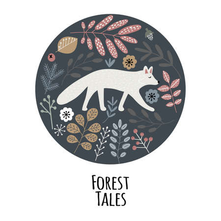 Circle icon with hand drawn white nordic fox in the forest plants with text lettering - Forest Tales. Scandinavian style isolated vector illustrationのイラスト素材