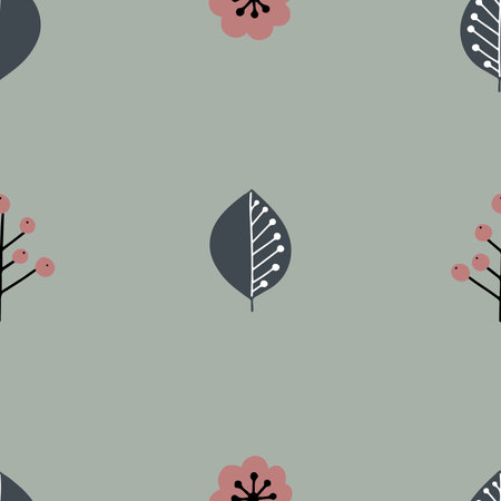 Hand drawn vector seamless pattern with simple berries and leaves in folk Scandinavian styleのイラスト素材