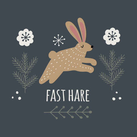 Hand drawn card or print with hare in the forest with text lettering - Fast hare. Scandinavian style vector illustrationのイラスト素材