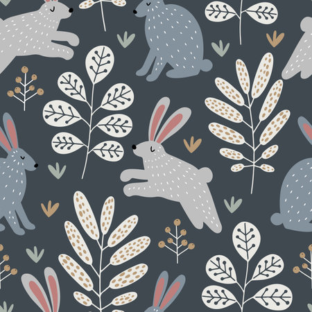 Hand drawn vector seamless pattern with gray rabbits or hares in the woods in Scandinavian styleのイラスト素材