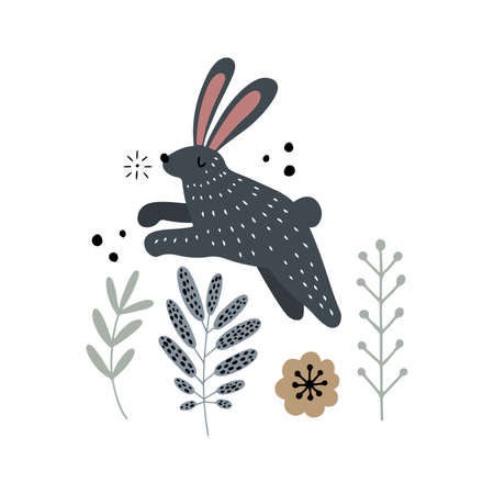 Wild rabbit or hare, jumping over flowers and grass, Scandinavian style isolated hand drawn vector clipartのイラスト素材