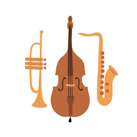 Hand drawn musical instruments, trumpet, contrabass and saxophone, isolated vector illustration in cartoon styleのイラスト素材