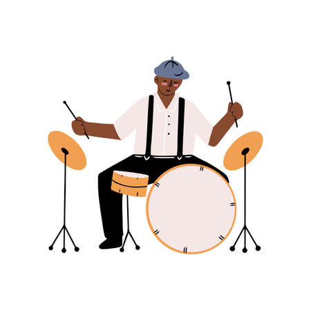 Hand drawn cheerful musician playing on drums and cymbals in cartoon doodle style, isolated vector illustrationのイラスト素材