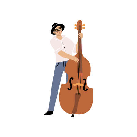 Hand drawn musician with glasses and fancy hat playing on contrabass, cartoon doodle style isolated vector illustrationのイラスト素材