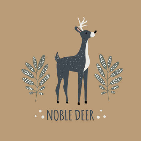 Hand drawn card or print with deer in the forest with text lettering - Noble Deer, Scandinavian style vector illustrationのイラスト素材