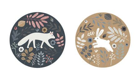 Two hand drawn circle icons with wild white fox and hare in forest leaves and branches in Scandinavian style isolated vector illustrationsのイラスト素材