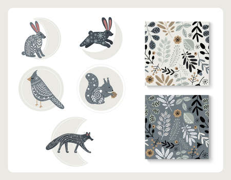 Set of hand drawn vector Scandinavian folk wild animals and patterns with Nordic motifのイラスト素材