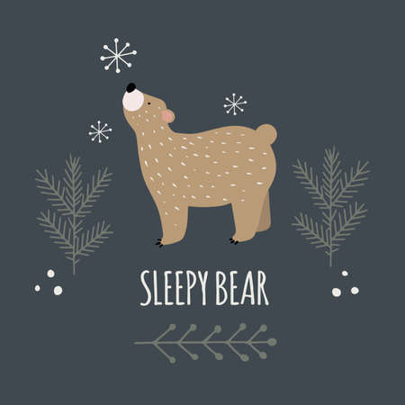 Hand drawn card or print with little bear in the forest with text lettering - Sleepy Bear. Scandinavian style vector illustrationのイラスト素材