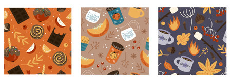 Set of three hand drawn vector seamless patterns with seasonal cozy objects, pumpkin latte and chocolate in cartoon styleのイラスト素材