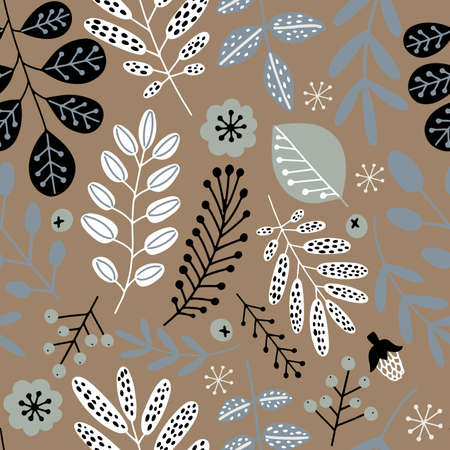 Hand drawn vector seamless pattern with forest leaves, branches and flowers in Scandinavian style on a brown backgroundのイラスト素材