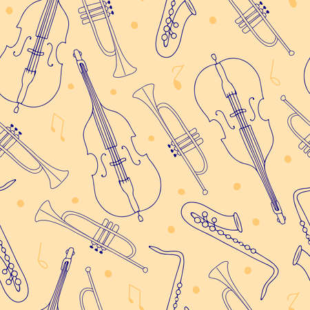 Hand drawn vector seamless pattern with musical instruments in line art styleのイラスト素材
