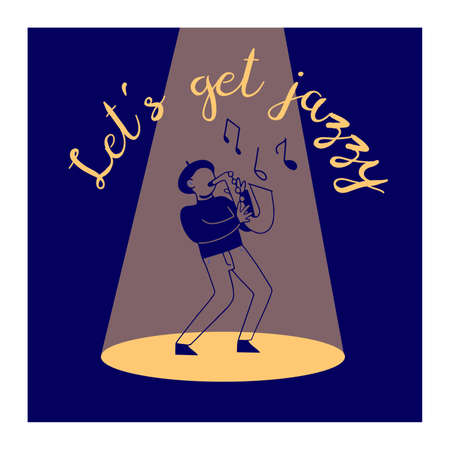 Poster or flyer with man playing saxophone on the stage under the spotlight with lettering text - Let's get jazzy, vector illustrationのイラスト素材