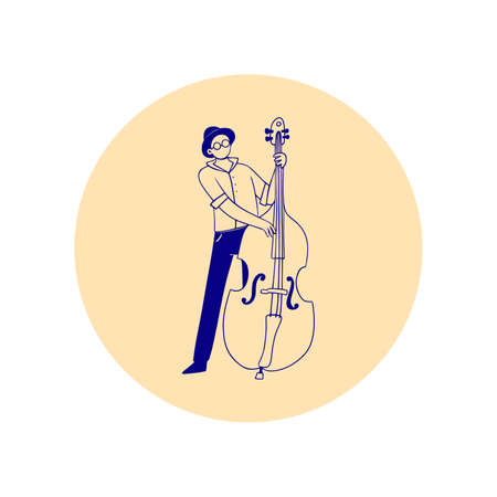 Circle icon with musician with glasses playing on contrabass line art style isolated vector illustrationのイラスト素材
