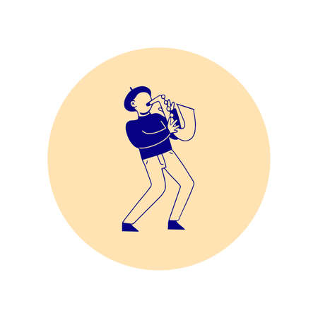 Circle icon with musician expressively playing on saxophone, line art style isolated vector illustrationのイラスト素材
