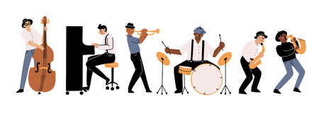 Hand drawn jazz band playing different musical instruments in cartoon doodle style, isolated vector illustrationのイラスト素材